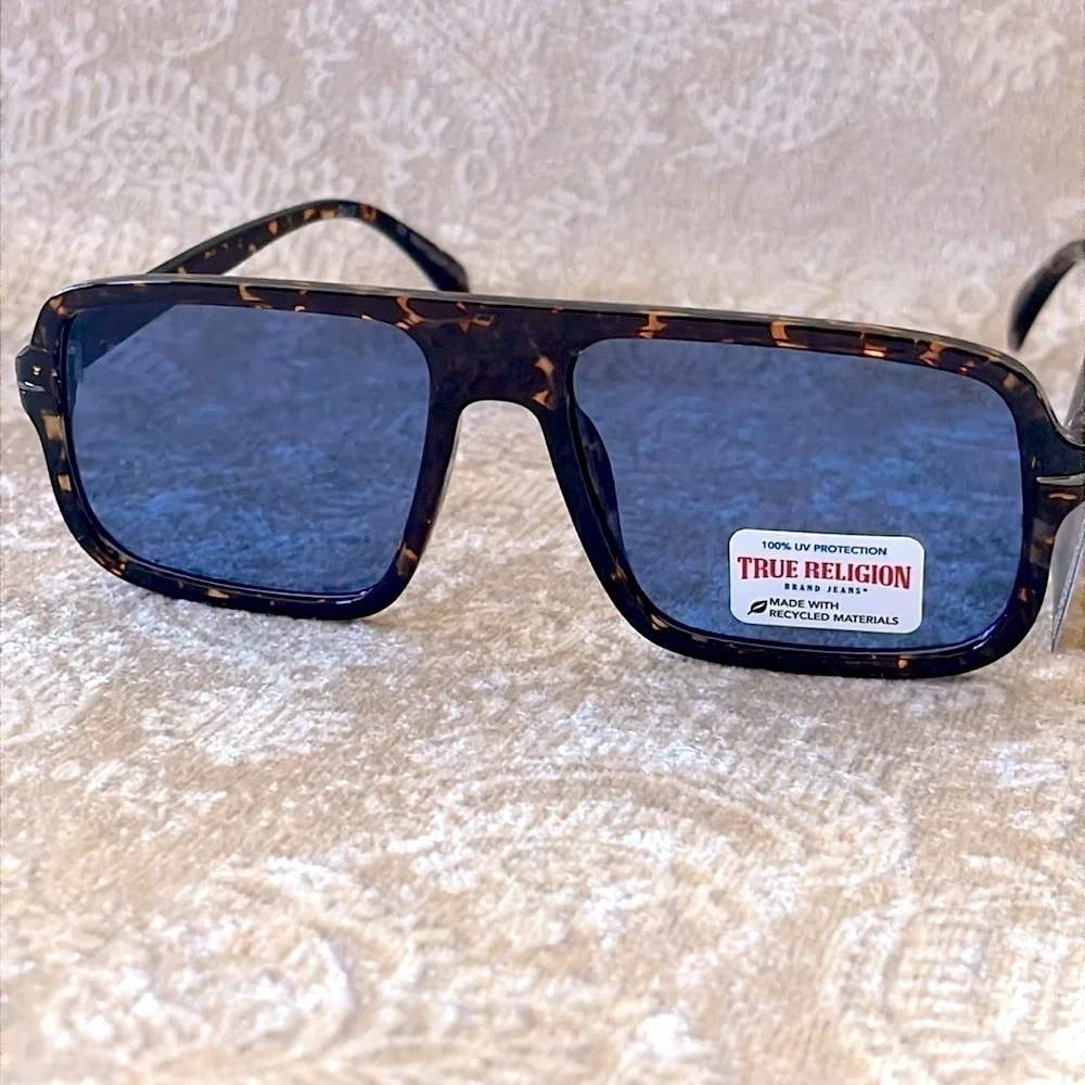 Brand New True Religion Tortoise Shell Retro Aviator Shield Sunglasses Blue Lens